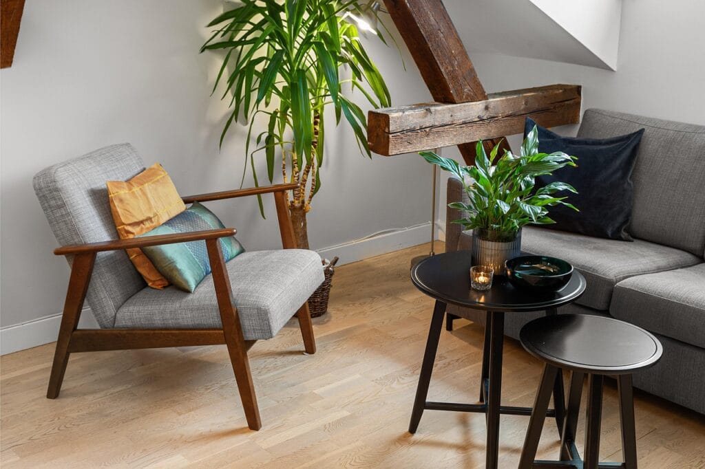 Syndic de copropriété : rôle et missions Coin salon lumineux avec fauteuil en bois, canapé gris et plantes – intérieur chaleureux