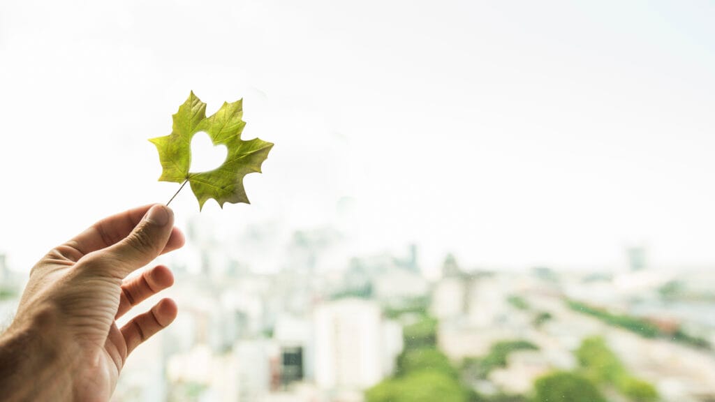 Une nouvelle identité, plus responsable Main tenant une feuille verte en forme de cœur avec une ville floue en arrière-plan, symbolisant l’engagement écologique en milieu urbain.